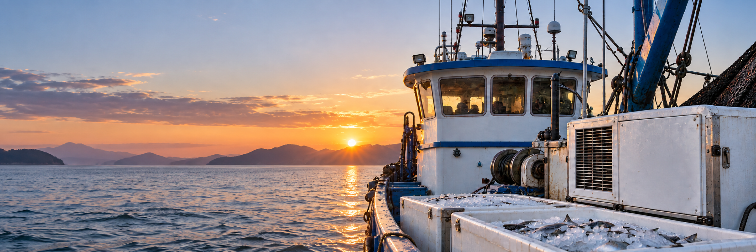Barco de pesca com sistema de refrigeração e caixas de pescado no convés