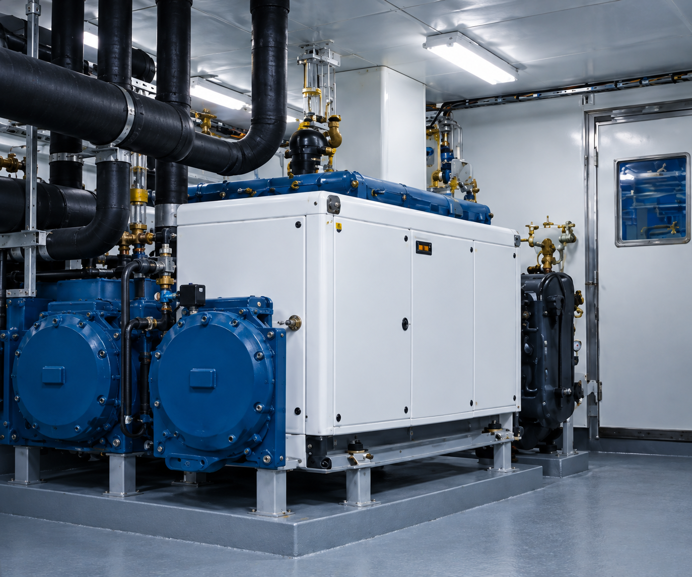 Equipamento de refrigeração naval instalado em sala de máquinas